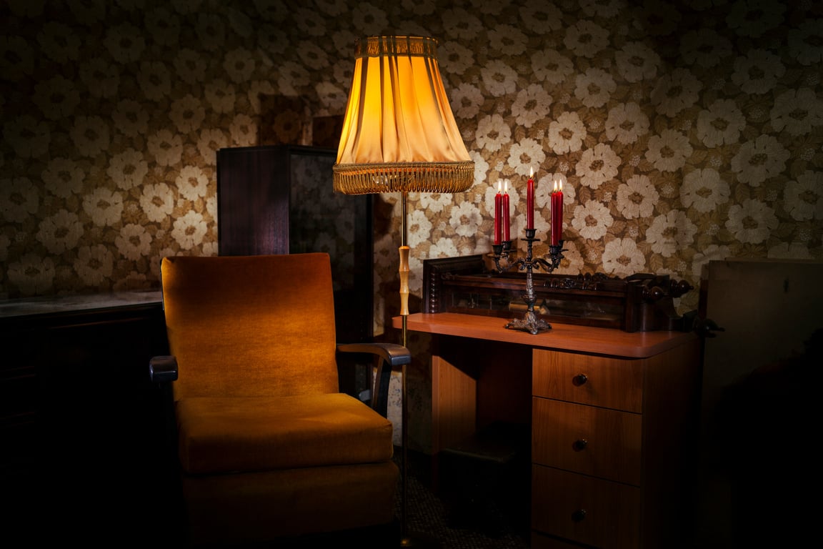 Old living room with chair and floor lamp